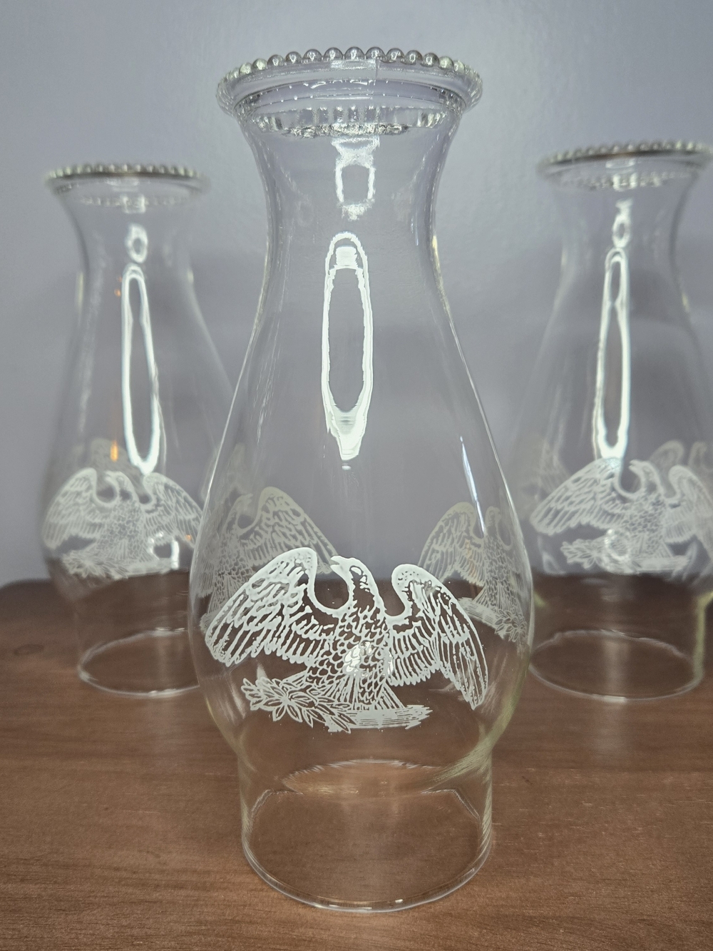 Clear Glass Hurricane Vase with White Etched Eagle Motif Set Of 3